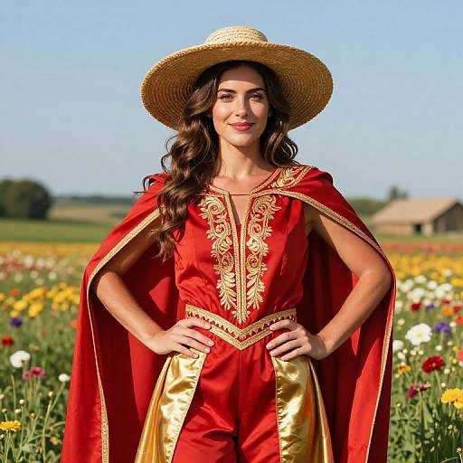 Photograph of a smiling woman with long brown hair, wearing a straw hat, red and gold medieval-style dress with ornate embroidery, standing in a