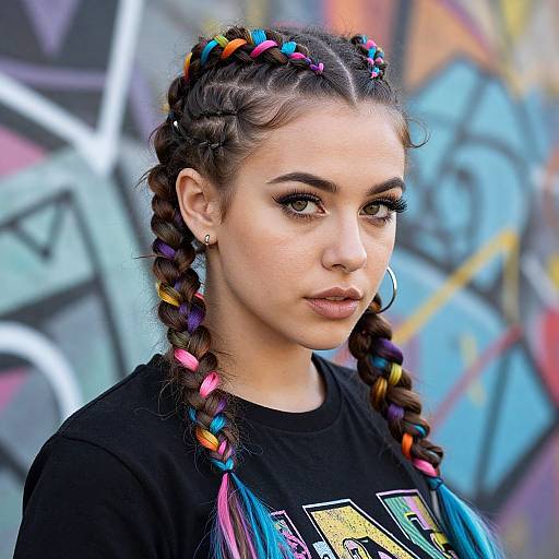 Photograph of a young woman with braided hair in colorful bands, wearing a black shirt, hoop earrings, and a graffiti background.