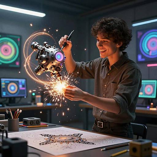 Dynamic Artisan Crafting Futuristic Mechanics