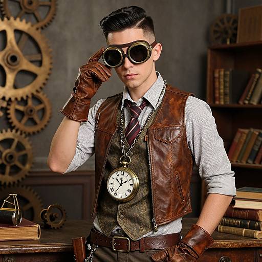 Steampunk-style man with dark hair, round goggles, brown leather vest, gloves, pocket watch, and striped tie, adjusting goggles in a gear