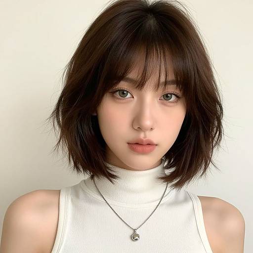 Digital portrait of an Asian woman with short, dark brown hair, blue eyes, wearing a white sleeveless ribbed turtleneck, and a silver