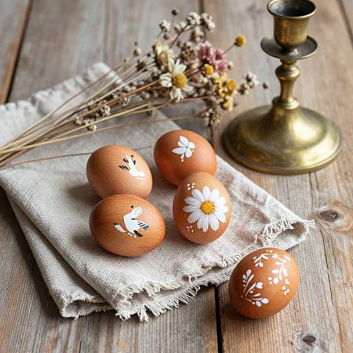 Photograph of five brown Easter eggs with white floral and bird designs, on a white cloth, near dried flowers and a brass candlestick, on a