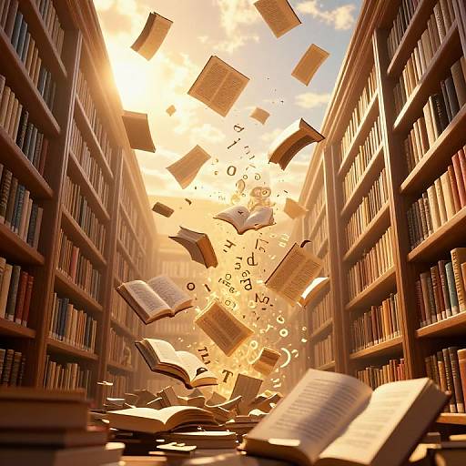 Photograph of a sunlit library with towering bookshelves; books and pages float upwards, illuminated by golden sunlight, creating a magical, ethereal