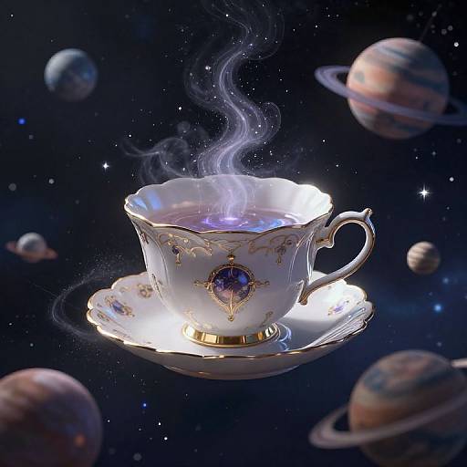 Photorealistic digital art: A glowing, ornate teacup with steaming blue-purple light floats in space, surrounded by colorful planets, stars
