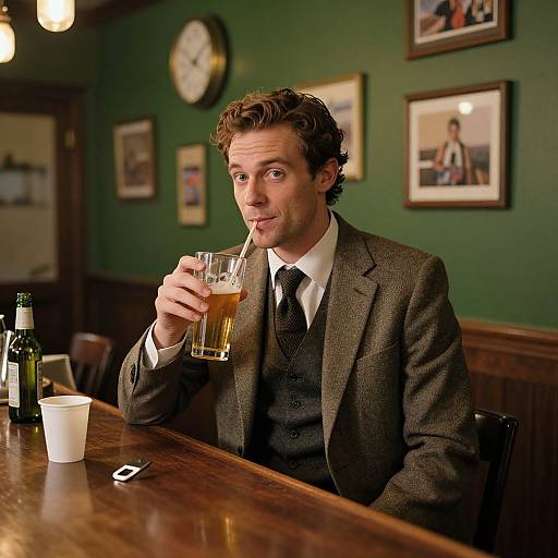 Photograph of a handsome man in a brown suit, drinking a beer, in a cozy pub with green walls and framed photos.