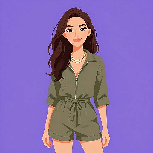 Digital illustration of a smiling woman with long brown hair, wearing a green zip-up romper, gold necklace, and standing against a solid purple background.
