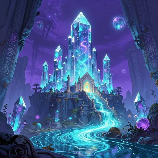 Digital fantasy artwork of a glowing blue crystal castle with luminescent towers, winding neon water path, and floating bubbles in a purple night sky.