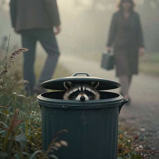 Photograph of a raccoon peeking from a black trash can on a foggy path, with blurred figures of a man and woman walking in the