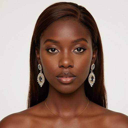 Photograph of a beautiful, dark-skinned woman with straight, long brown hair, wearing intricate diamond earrings and a delicate gold necklace, against a white