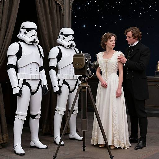 Photograph of Leia in white wedding dress, Han in black suit, and two Stormtroopers with a vintage camera on stage.