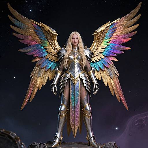 Digital art of a blonde woman with golden, rainbow-tinged wings, wearing shiny, ornate silver armor, standing confidently against a starry night