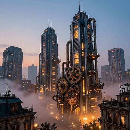 Photograph of a futuristic cityscape at dusk featuring towering, illuminated, industrial-style skyscrapers with large gears and pipes, surrounded by mist and modern
