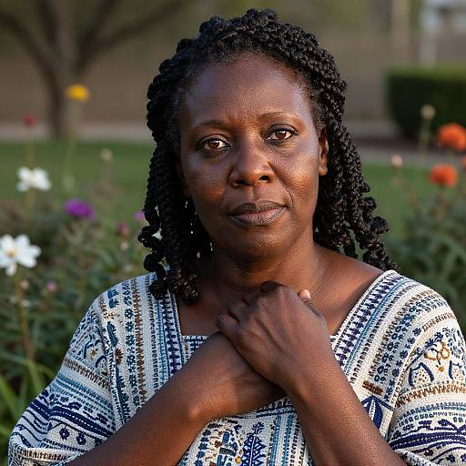Photograph of a serious-looking African woman with dark skin and braided hair, wearing a white and blue patterned top, standing in a blooming