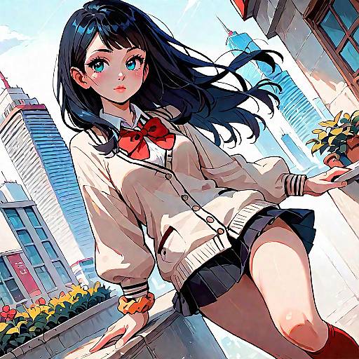 Digital anime-style drawing of a cute, blue-eyed, black-haired girl in a school uniform, leaning against a city building with bright blue sky and colorful