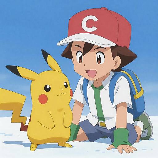 Anime Boy with Pikachu on Snowy Ground