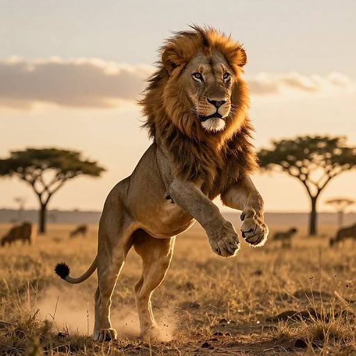 Photograph of a majestic male lion with a dark mane, mid-stride in a sunlit savanna, surrounded by acacia trees and distant wildlife