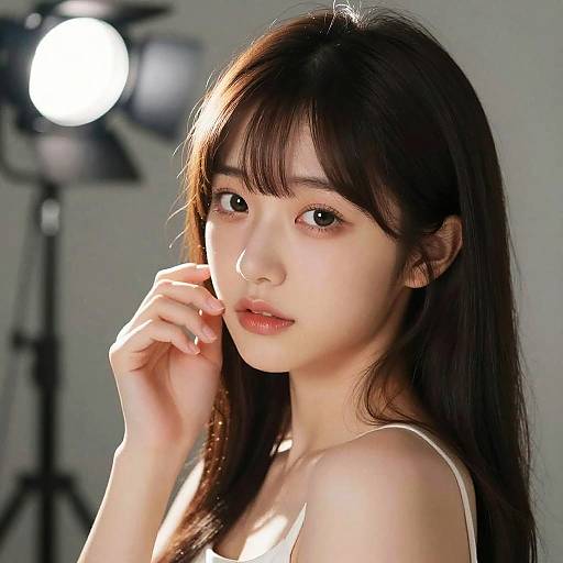 Photograph of an Asian woman with long, dark brown hair, fair skin, and soft makeup, gently touching her lips, illuminated by a studio light