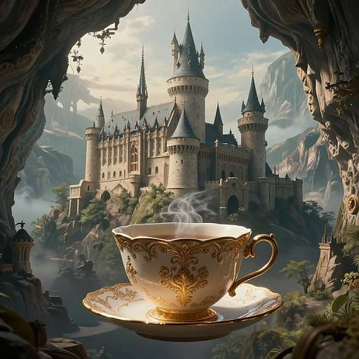 Fantasy illustration: ornate, gold-embellished teacup with steam, centered in a rocky cave, overlooking a grand, medieval castle