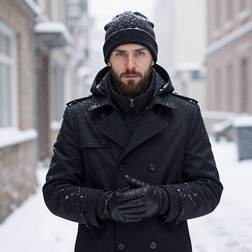 Photograph of a bearded man with blue eyes, wearing a black coat, gloves, and beanie, standing in a snowy urban alleyway.