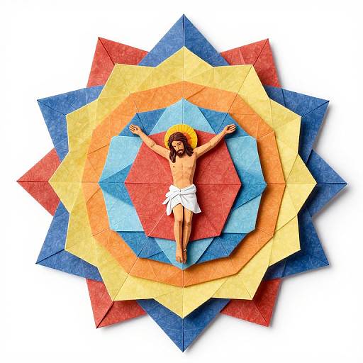 Colorful paper origami of Jesus Christ crucified on a vibrant, multi-layered sunburst pattern with red, blue, yellow, and orange sections