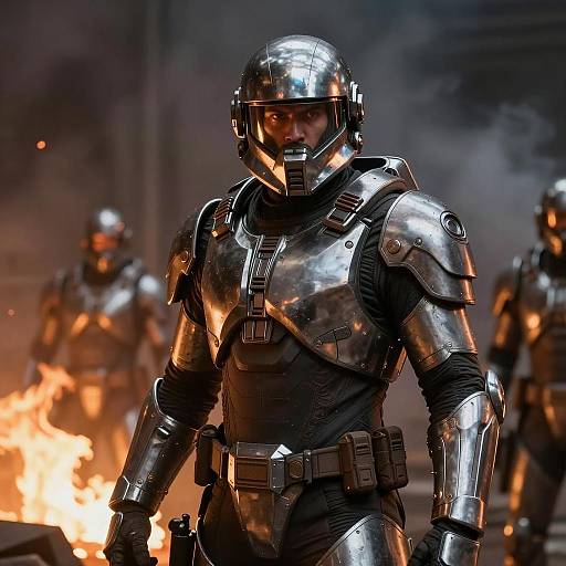 Futuristic Soldier in Fiery Industrial Setting
