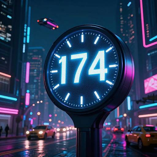 Neon-lit city street at night; digital clock in foreground shows 
