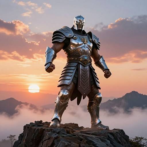 Photograph of a muscular, silver armored warrior statue standing on a rocky peak at sunset, with mountains and clouds in the background.