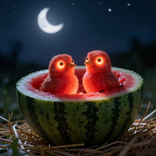 Glowing-Eyed Birds in Watermelon Nest