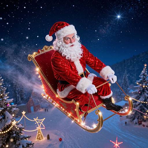Photograph of Santa Claus with a white beard and red suit, flying in a glowing sleigh through a snowy, starry night sky.