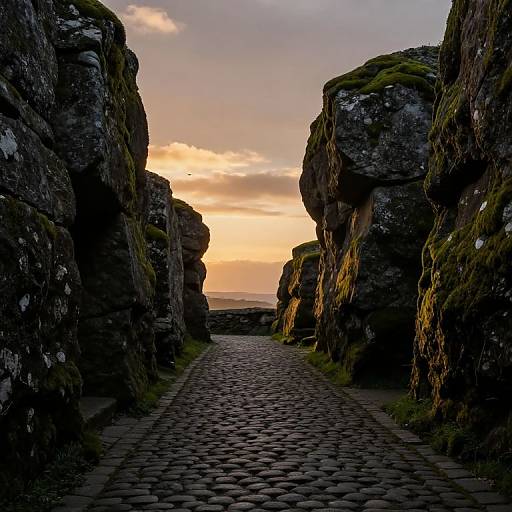 Photograph of a narrow, cobblestone pathway flanked by towering, moss-covered rock cliffs at sunset, with a pastel sky in the background