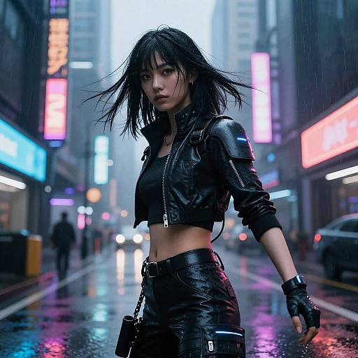 Cyberpunk photograph of an Asian woman with black leather jacket and pants, wet hair, standing in a neon-lit, rainy city street.