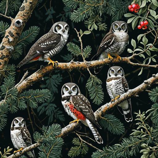 Collage of Camouflaged Northern Hawk-Owls in Woodland Collage of Camouflaged Northern Hawk-Owls in Woodland