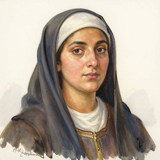 Digital painting of a young woman with olive skin, wearing a traditional nun's habit, featuring a white headscarf and brown garment. Signature in bottom