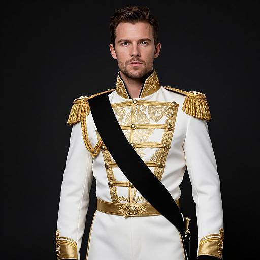 Photorealistic portrait of a handsome, serious-looking white man in an ornate, gold-embroidered white military uniform with black sash,