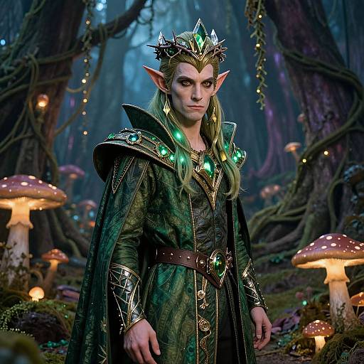 Digital artwork of an elf-like woman with pointed ears, green glowing jewelry, and a dark green, ornate cloak, standing in a mystical forest with