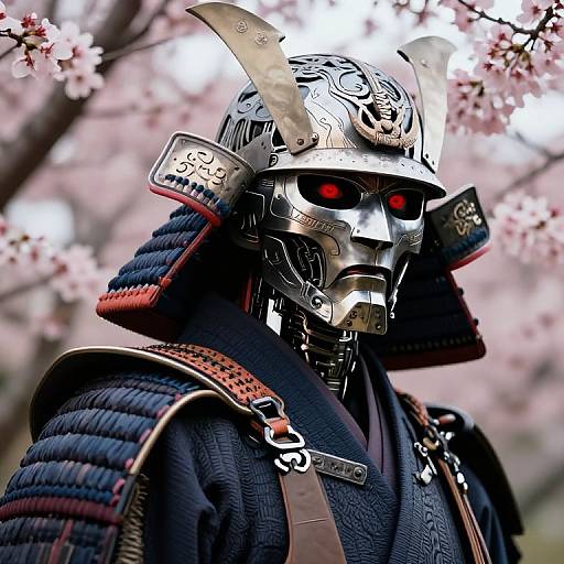Digital artwork of a samurai in intricate armor with glowing red eyes, surrounded by cherry blossom trees. The helmet features detailed engravings, and the