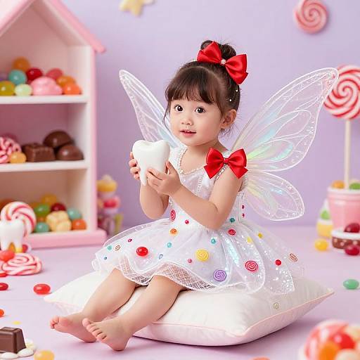 Photograph of an adorable Asian baby girl with black hair in a red bow, wearing a white polka-dot fairy dress and transparent wings, holding a
