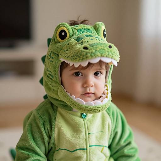 Photograph of a cute toddler with fair skin and brown hair, wearing a green crocodile onesie with a large, open-mouthed hood, sitting