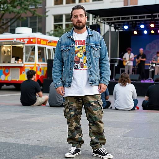 Photograph of a bearded man with dark hair, wearing a denim jacket, white graphic tee, camo pants, and black sneakers, standing in