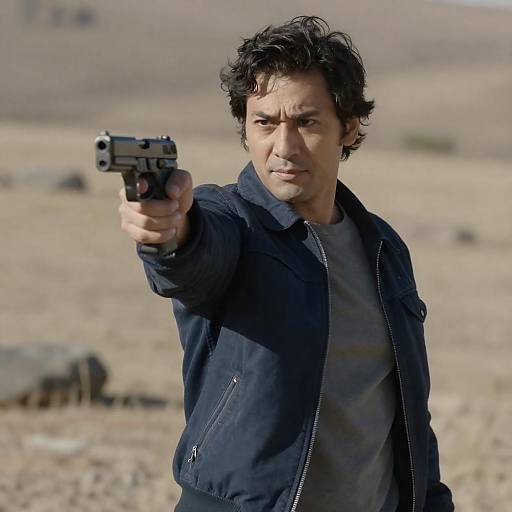 Gritty High-Contrast Portrait: Man Pointing Gun