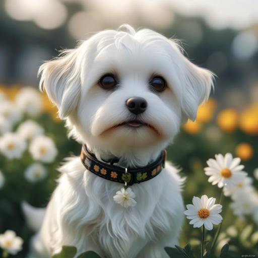 Realistic Maltese Dog Among Flowers