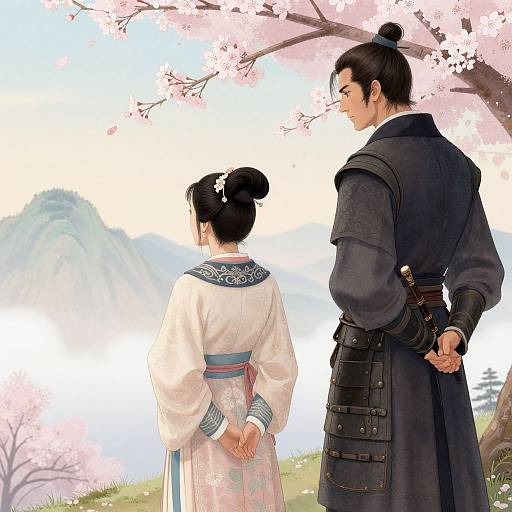 Digital anime-style image of a couple standing under cherry blossoms. Man in dark coat with samurai belt, woman in white kimono with black hair