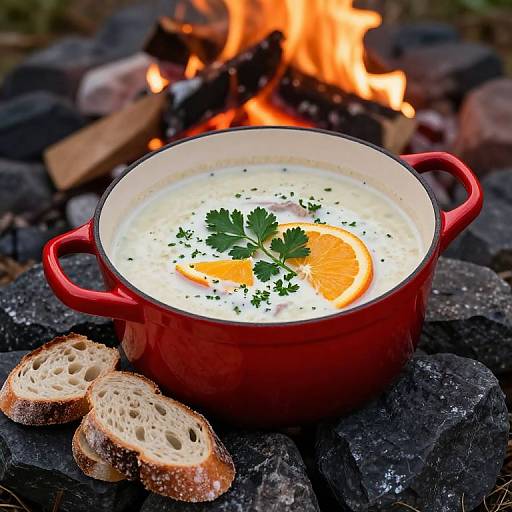 Photograph of a red enamel pot with creamy soup, garnished with parsley, orange slice, and black pepper, sitting on a rock fire with burning