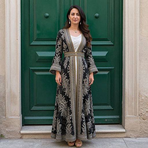 Photograph of a woman with long dark hair, wearing a black and gold embroidered long robe over a white top, standing in front of a green wooden