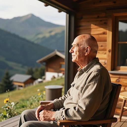 Elderly Man in Mountain Cabin Serenity