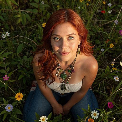Photograph of a red-haired woman with green eyes, wearing a white strap top and tribal necklace, kneeling amidst colorful wildflowers in a sunlit me