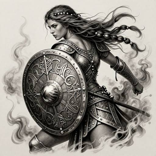 Digital black-and-white illustration of a fierce, armored warrior woman with long braided hair, holding an intricately decorated shield and sword, surrounded by swirling