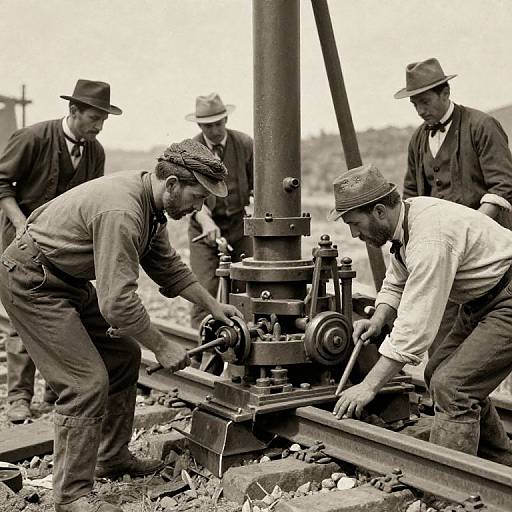 Black-and-white photograph of five male railroad workers in period attire, adjusting a steam-powered jack, focused on a railway track.