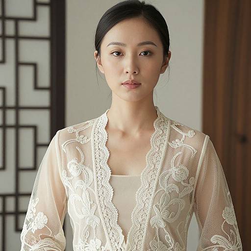 Photograph of an Asian woman with black hair in an elegant, sheer lace blouse with floral patterns, standing against a geometric-patterned wall and wooden door