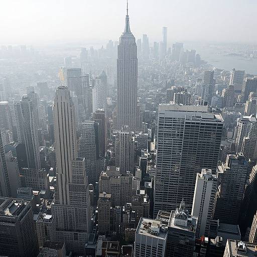 Aerial photograph of a foggy New York City skyline, featuring the iconic Empire State Building prominently in the center. Dense cluster of skyscrapers with